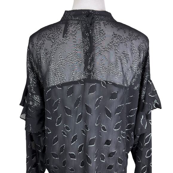 BCBGMaxazria Black Sheer Chiffon Silver Metallic Leaf Print High Neck Blouse - Picture 10 of 15